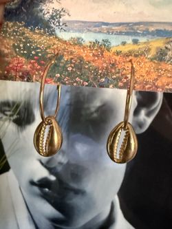 14kt Gold plated Cowrie Shell Drop Earrings boho style dainty lightweight hoops