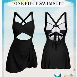 Women One Piece Swimsuit Bathing Suit   V Neck Cute Tie Knot Skirt Size Large