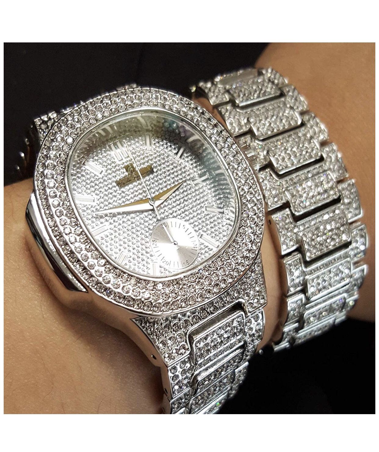 Bling-ed Out Oblong Case Metal Mens Watch w/Matching Bracelet Gift Set - 8475B - Silver
