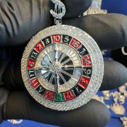 925 Iced Rhodium Casino Roulette Wheel Pendant w/ $Bail