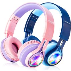 Kids Bluetooth Headphones 2 Pack with Colorful LED Lights, Bluetooth Headphones for Kids 85dB Volume limited Built-in Mic Foldable, Kids Wireless Head