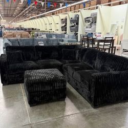 ✅️✅️️✅️4 pc Black  cordury fabric upholstered sectional sofa with ottoman✅️✅️