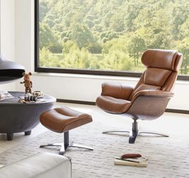 CHITA Genuine Leather Reclining Swivel Chair with Adjustable Headrest and Ottoman for Living Room, Saddle