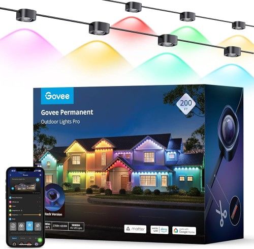 Black Govee Permanent Outdoor Lights Pro, 200ft with 120 RGBIC LED Lights for Daily and Accent Lighting, 75 Scene Modes for Outdoor Decor,
