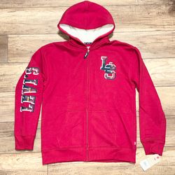 Levi's Red Plaid Spellout Logo Sherpa Fleece Hood Full Zip Hoodie Youth XL