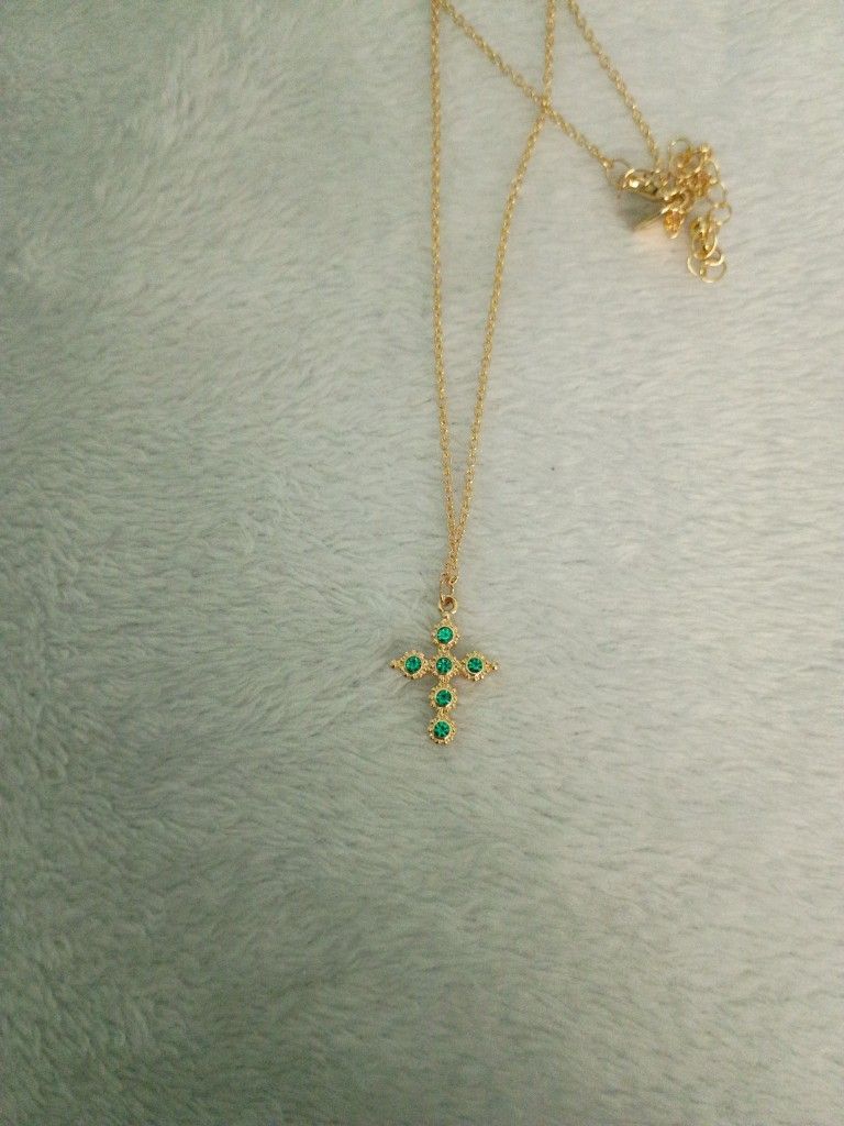Green And Gold Cross Necklace Plated