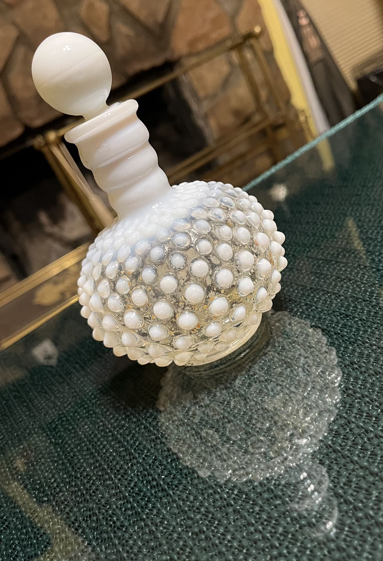 1930’s Fenton Clear and White Milk Glass Hobnail Perfume Bottle with Stopper 6"