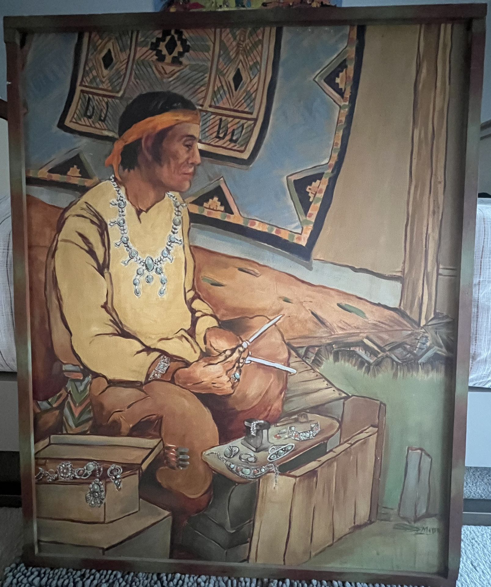 “Santa Fe Indian Making Jewelry” Oil Painting 32” X 40” (price OBO)