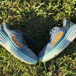 Hoka One One Bondi 8 Men’s Size 9 B Blue Gold Running Walking Shoes Sneakers