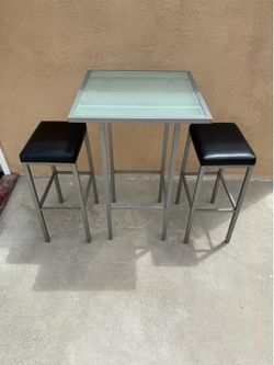 Metal frame and glass Bar top table and 2 stools