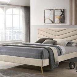 Brand New Mid-century Modern Beige King Size Bed Frame