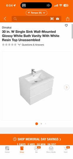 Dimakai 30 in. W Single Sink Wall-Mounted Glossy White Bath Vanity With White Resin Top Unassembled $130