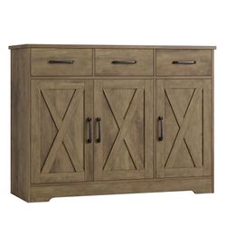 Modern Farmhouse Buffet Sideboard Cabinet, Barn Doors Storage Cabinet with Drawers and Shelves, Wood Coffee Bar Station for Dining Room, Ki