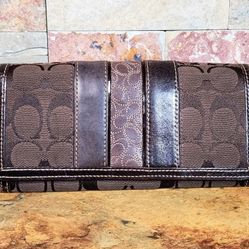 Coach Brown Leather ( Jacquard ) Signature Series " C " Material • Full Size Clutch wallet  • The Wallet Opens & Closes By A Brass Snap