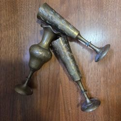 Vintage MCM Etched Brass Bud Vase and Candle Holder Set of 3