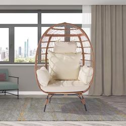 Oversized Natural Wicker Rattan Egg Lounge Chair w/ Beige Cushions (Indoor / Outdoor) [NEW IN BOX] **Retails for $460