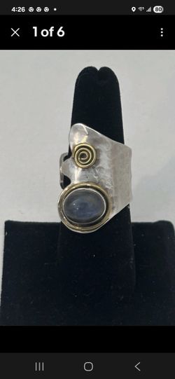 Vtg.Sterling Silver & Gold " LABRADORITE MOON STONE" Adjustable Ring- Sz7-8