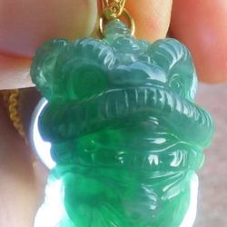 Certificate Jadeite Sterling gold Silver 925 power protection Green Natural A Jade Pendant Dragon Wealth Lion Dance 