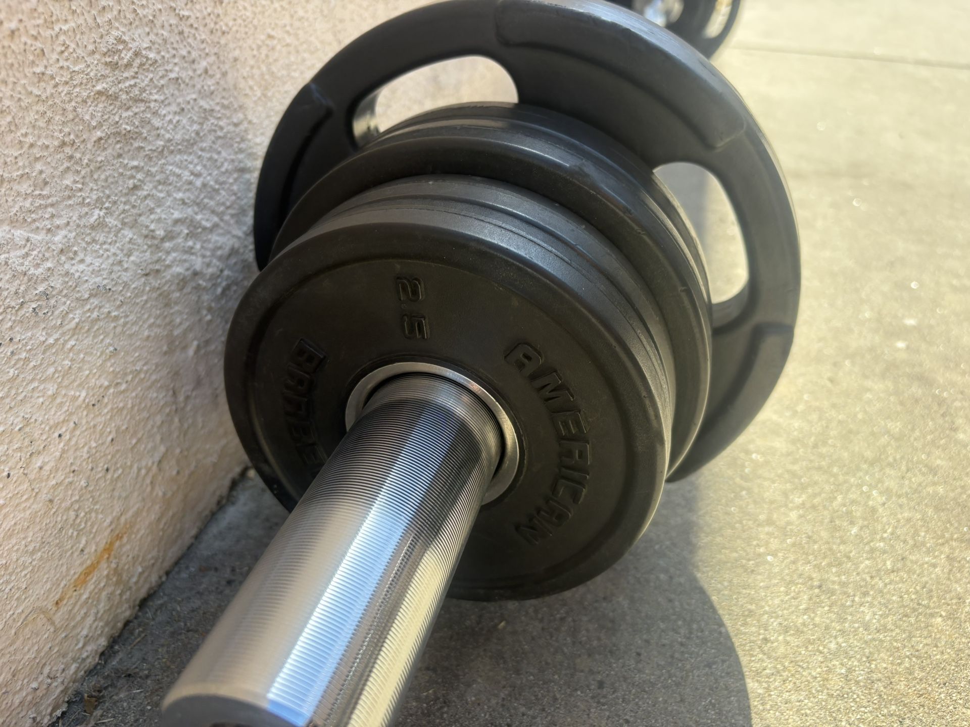 5’ Olympic curl bar with 50 pounds of American bar bell weights