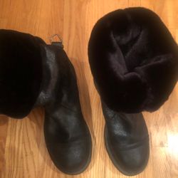 Faux Fur Lined Leather Black Metallic Boots