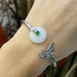 S925 silver white and round jade with gold nugget shape cuff bangle bracelet,Silver hearts bracelet,Silver irregular cuff bracelet,Everyday bracelet j