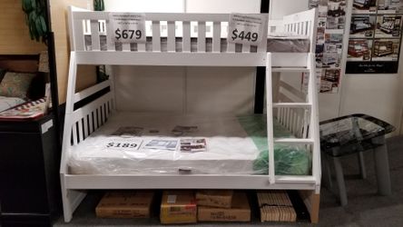 Brand new white/gray/brown twin full bunkbed + 2 basic 8" thick innerspring mattresses