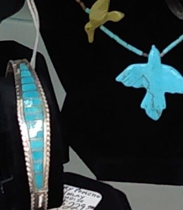 Native American Zuni Mary Poncho Signed SM Turquoise Inlay Sterling Silver Cuff Bracelet