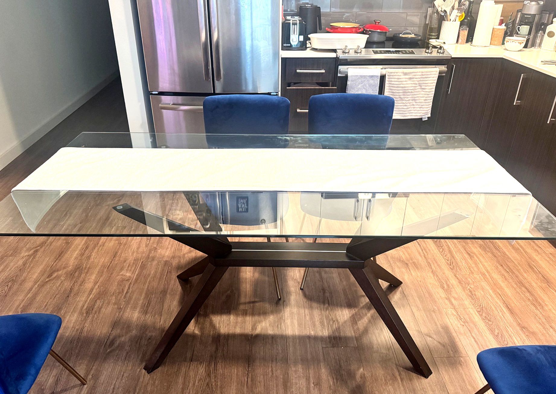 Modern Glass Dining Table Set + 4 Blue Velvet Chairs – Elegant ...