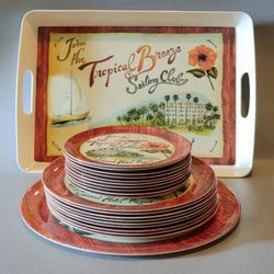 PRECIDIO MELAMINE TROPICAL BREEZE SALAD & DINNER PLATES, PLATTER & TRAY