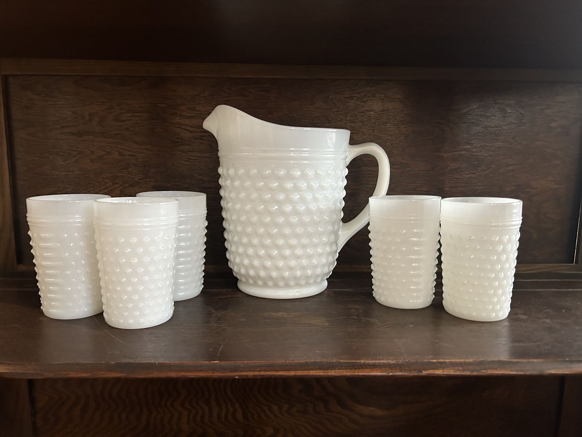 Vintage Anchor Hocking Hobnail White Milk Glass Pitcher and 5 Glasses