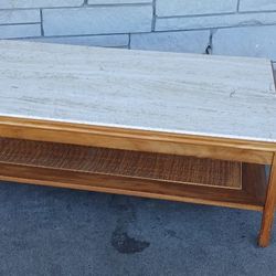 AMAZING !!Mid Century Modern 1950s 1960s Travertine Top Large Coffee Table Walnut With Rush Rattan Bottom Shelf 