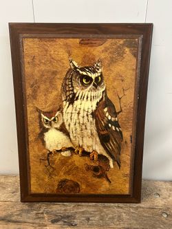 Screech Owls Dad and Little Henry Vintage Wood Mounted Print Artist Richard Hinger Mid Century 1960s 1970s 15 1/2” X 21 1/2”