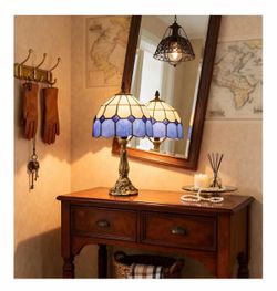 New Tiffany-Style Stained Glass Table Lamp – Blue & White