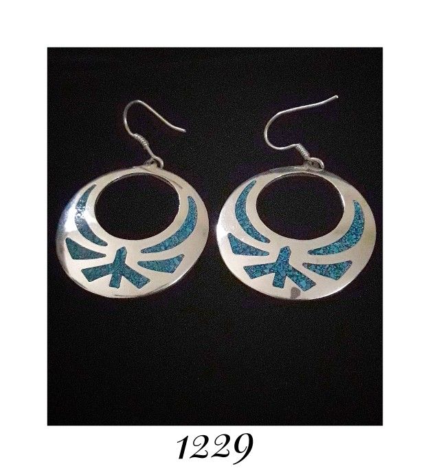 60mm Heavy Solid Sterling Silver & Crushed Turquoise Aztec Bird Earrings. Mexico