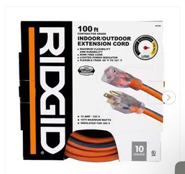 RIDGID 100 ft. 10/3 Heavy Duty Indoor/Outdoor SJTW Extension Cord with Lighted End, Orange/Grey