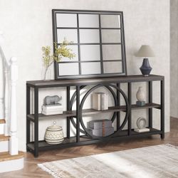 Turrella 70.9 in. Gray Rectangle Wood Console Table, Extra Long Sofa Table with 3-Tiers Shelves and Black Metal Frame