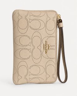 Coach Signature Leather Zip Wristlet Wallet – Beige/Tan