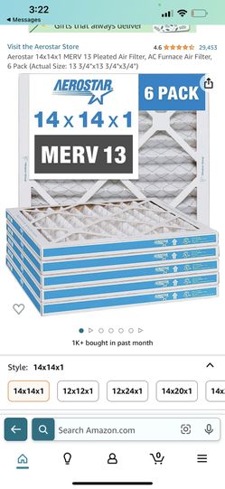 Aerostar 14x14×1 MERV 13 Pleated Air Filter, AC Furnace Air Filter, 6 Pack (Actual Size: 13 3/4"×13 3/4"×3/4")