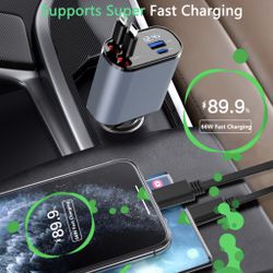 100w 4 IN 1 Retractable Car Charger USB Type C Cable For IPhone Huawei Samsung Fast Charge Cord Cigarette Lighter Adapter