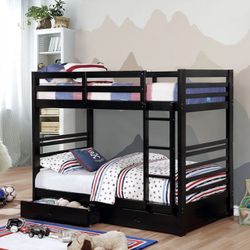 Twin/Twin Black Bunk bed w. Drawers & Ortho Mattresses Included 