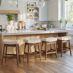 Set of 4, 24 inch Barstools with Sturdy Wood Legs Antique White Leather