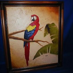 Vintage, textured 3D wall art piece featuring a macaw parrot signed by the artist "Cooper". 