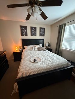 Black Queen Size Bed Frame + 2 Nightstands