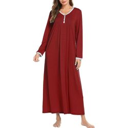 Ekouaer Women's Long Sleeve Nightgown Long Sleepshirts Henley Sleep Dress, Large