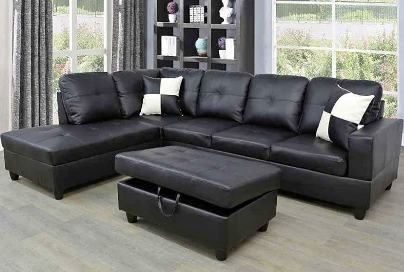 Black Leather Sectional Couch And Ottoman