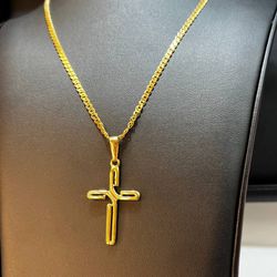 18k yellow gold double curb chain with cross