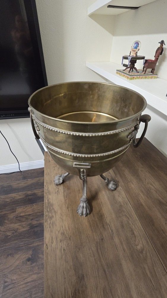 Vintage Solid Brass Jardiniere Claw Feet Classic Bands India Mid-century Modern