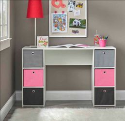 Contemporary Student Writing Desk with Storage Bins, White/Pink