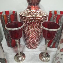 RED Stained Glass Vases, Wood Base Fake plants, Pillow