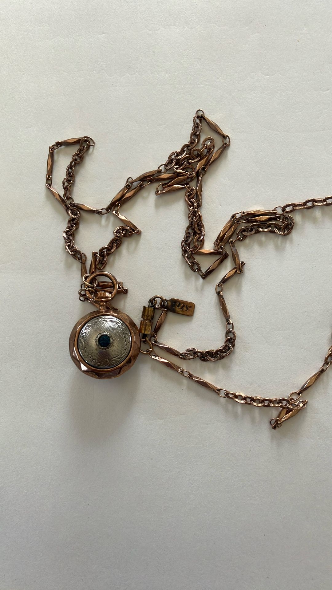 Signed 1928 34” Gold Chain & Gold/silver/blue Stone Pendant Necklace
